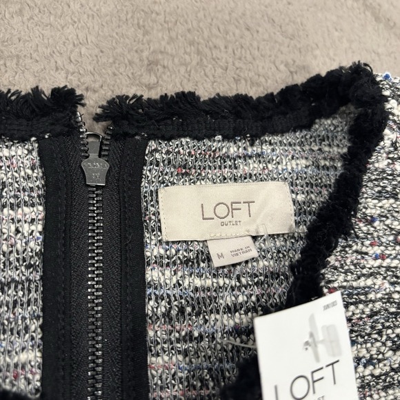 Loft Black White Multi Color Fringe Tweed Sleeveless Shirt Dress Women's Medium - Picture 4 of 8